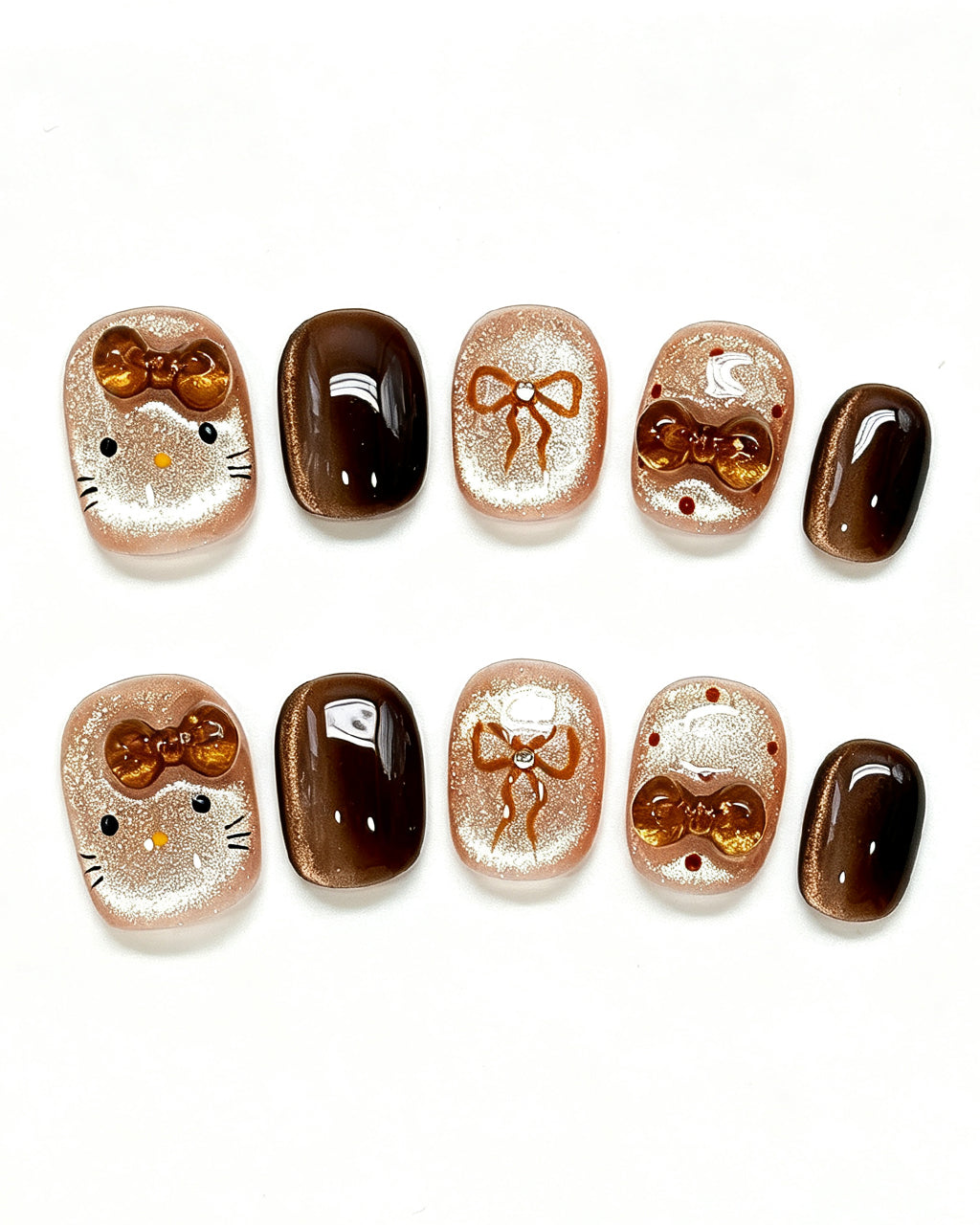 Caramel Brown Cat Eye — gold press-on nail set, product detail view