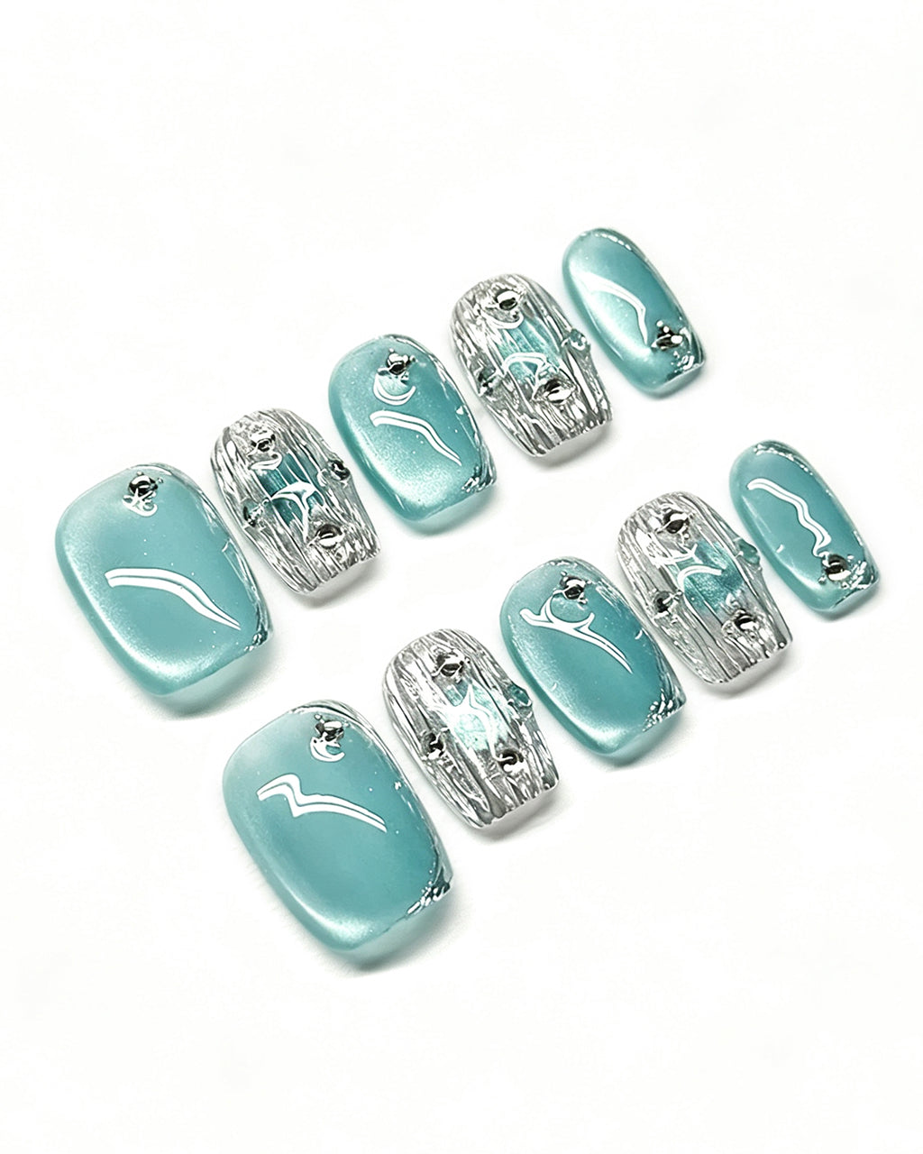 Mint Mirage — teal press-on nail set, full set view