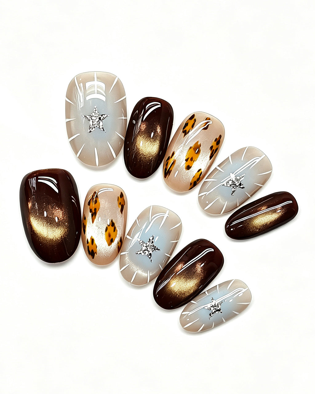 Mocha Starlight — gold press-on nail set, full set view