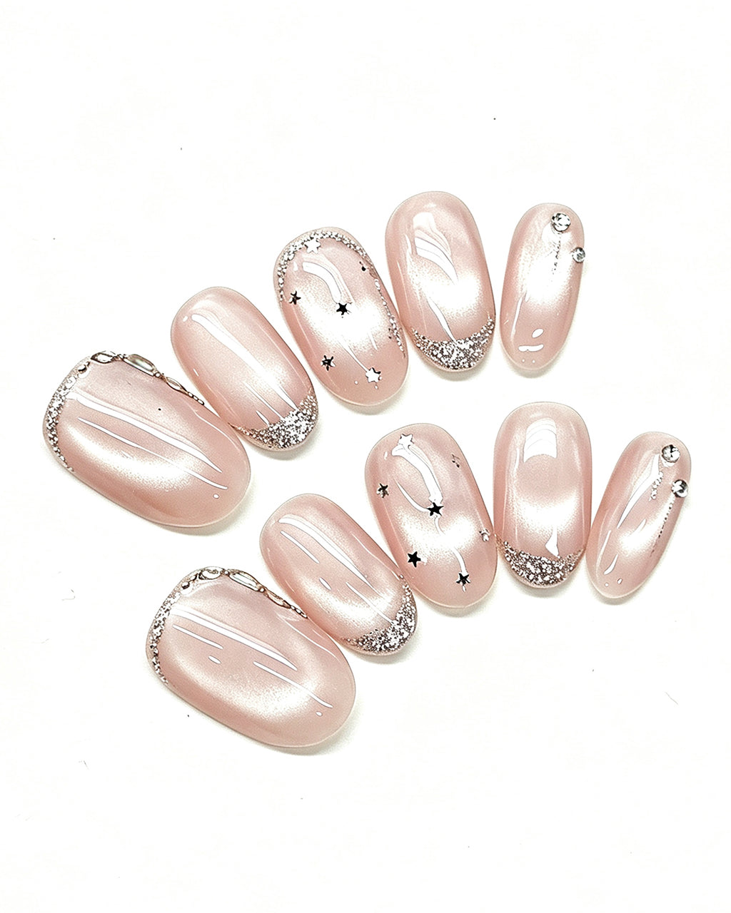 Celestial Stars & Nude Cat-Eye — press-on nail set, full set view