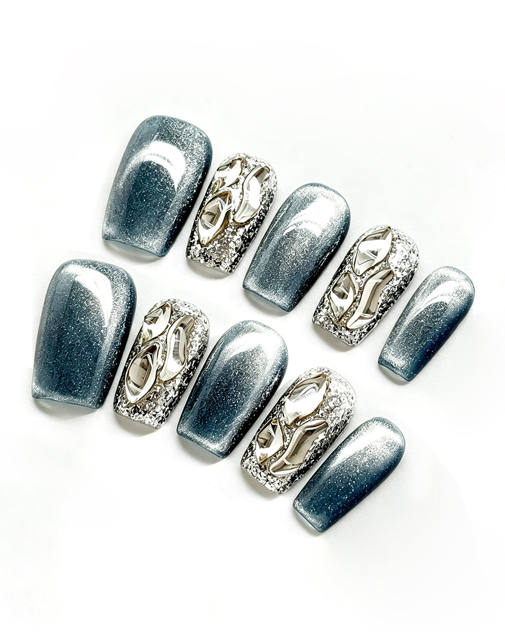 Molten Silver Chrome Cat-Eye Nails — press-on nail set, full set view