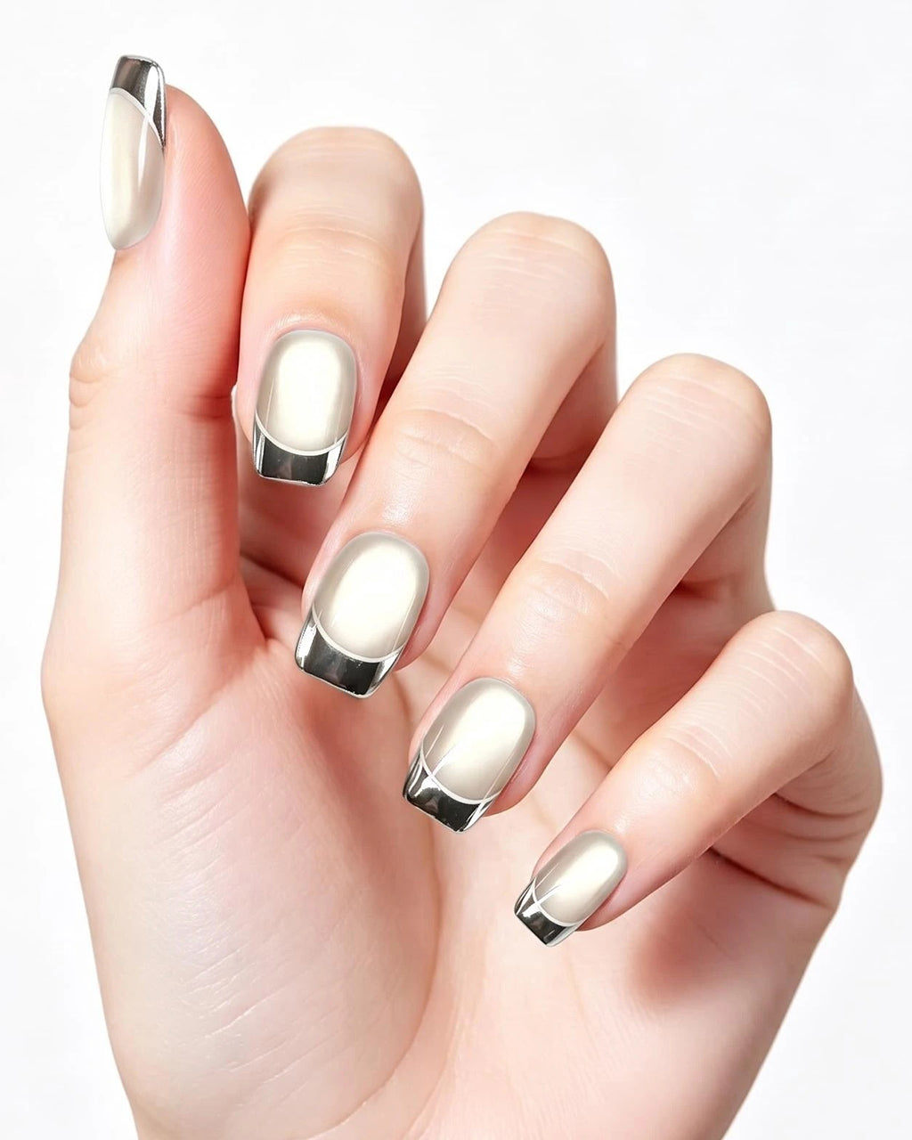 Dewy Cat-Eye — press-on nails worn on hand, close view