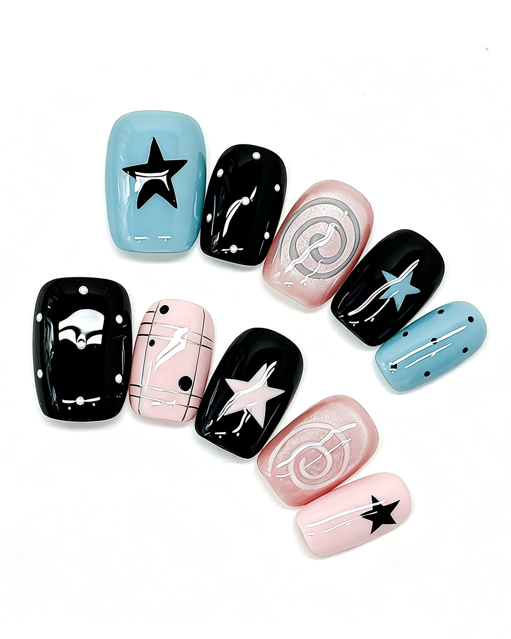 Y2K Star — black press-on nail set, full set, styled arrangement