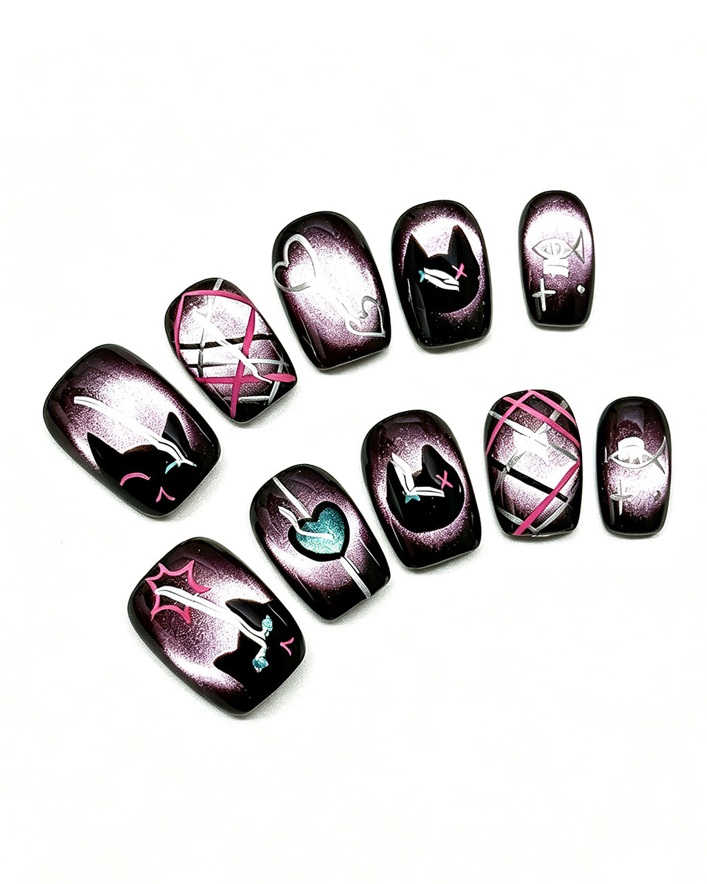 Black Framed Purple Cat-Eye Nails — black press-on nail set, full set, styled arrangement
