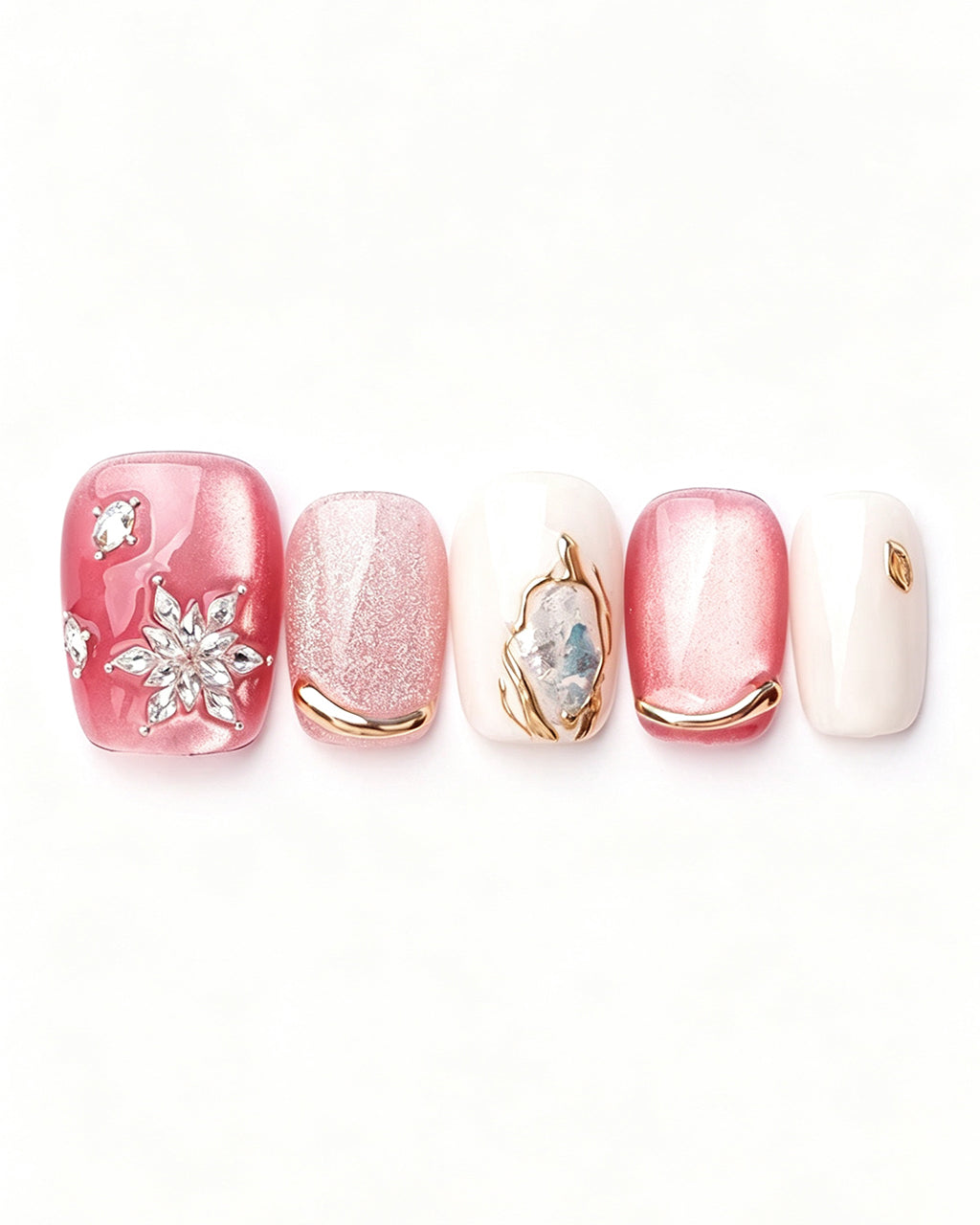 Strawberry Sweetheart — press-on nail set, full set, styled arrangement