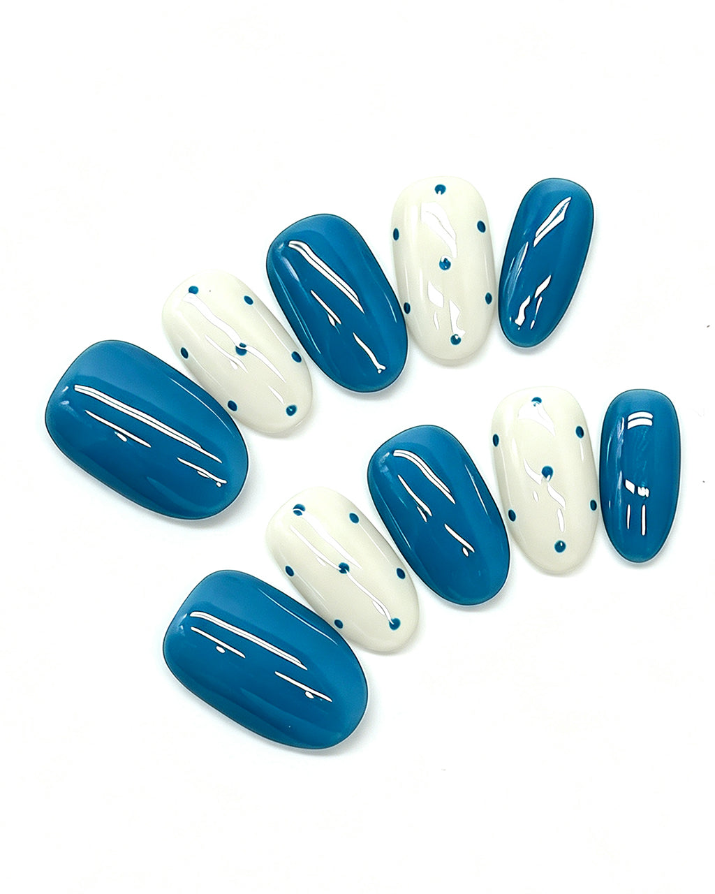 Teal Blue & Polka Dot — teal press-on nail set, full set view
