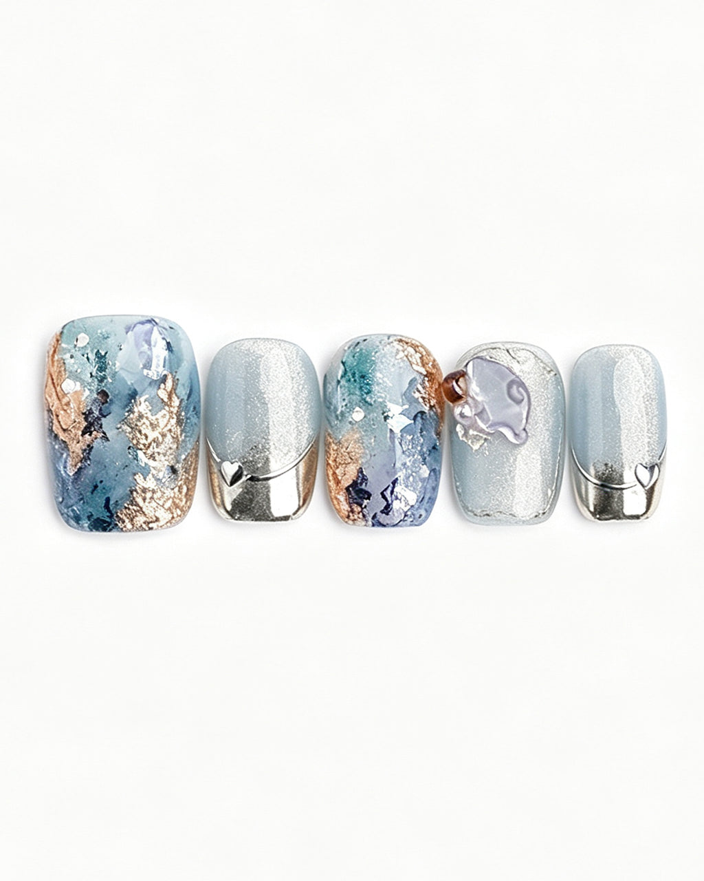 Dew Bubbles | Ice Blue Cat Eye & Chrome French Tip — press-on nail set, full set, styled arrangement