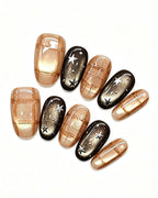 Celestial Star Cat-Eye Plaid Nails — gold press-on nail set, full set view