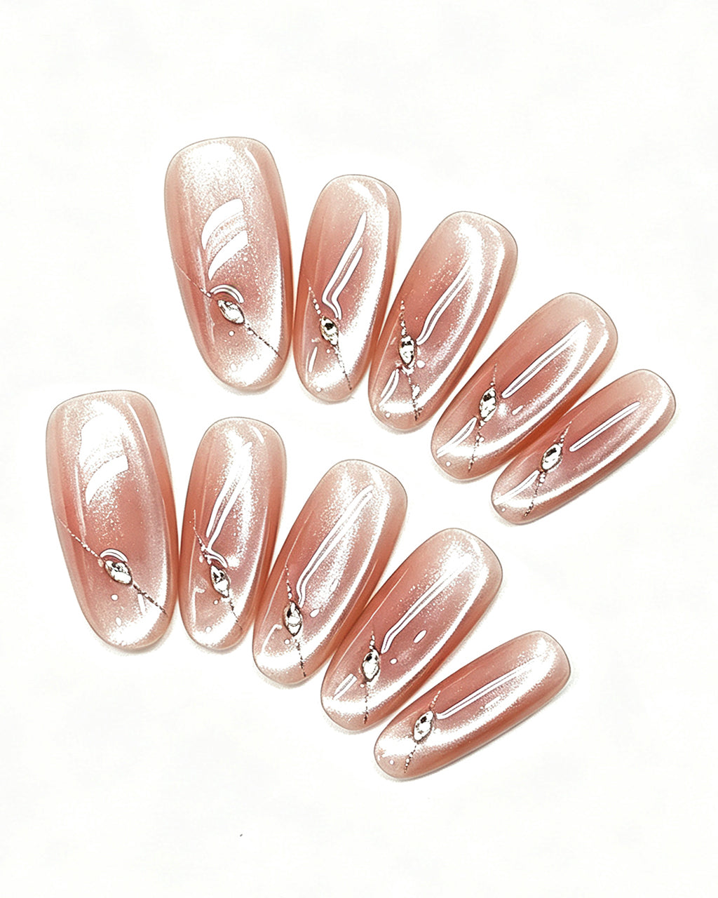 Nude Pink Shimmer Crystal Nails — pink press-on nail set, full set view