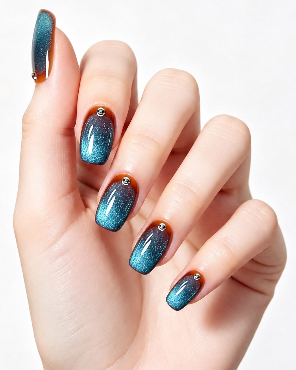 Deep Ocean — press-on nails worn on hand, close view