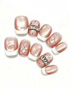 Coquette Glamour | Rose Nude Cat-Eye with 3D Ribbon & Quilte — pink press-on nail set, full set view