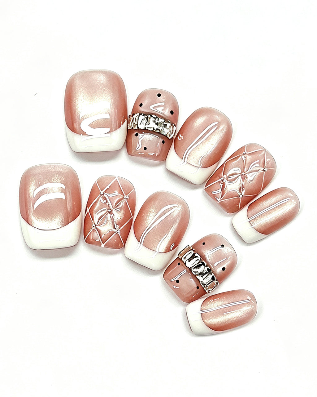 Coquette Glamour | Rose Nude Cat-Eye with 3D Ribbon & Quilte — pink press-on nail set, full set view