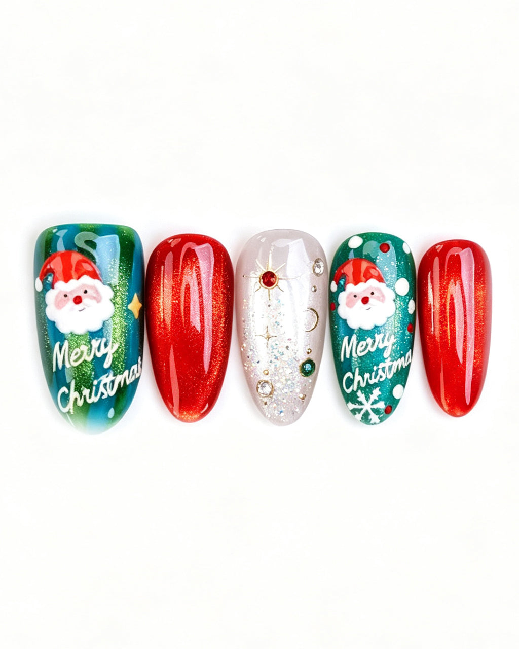 Christmas — red press-on nail set, full set, styled arrangement