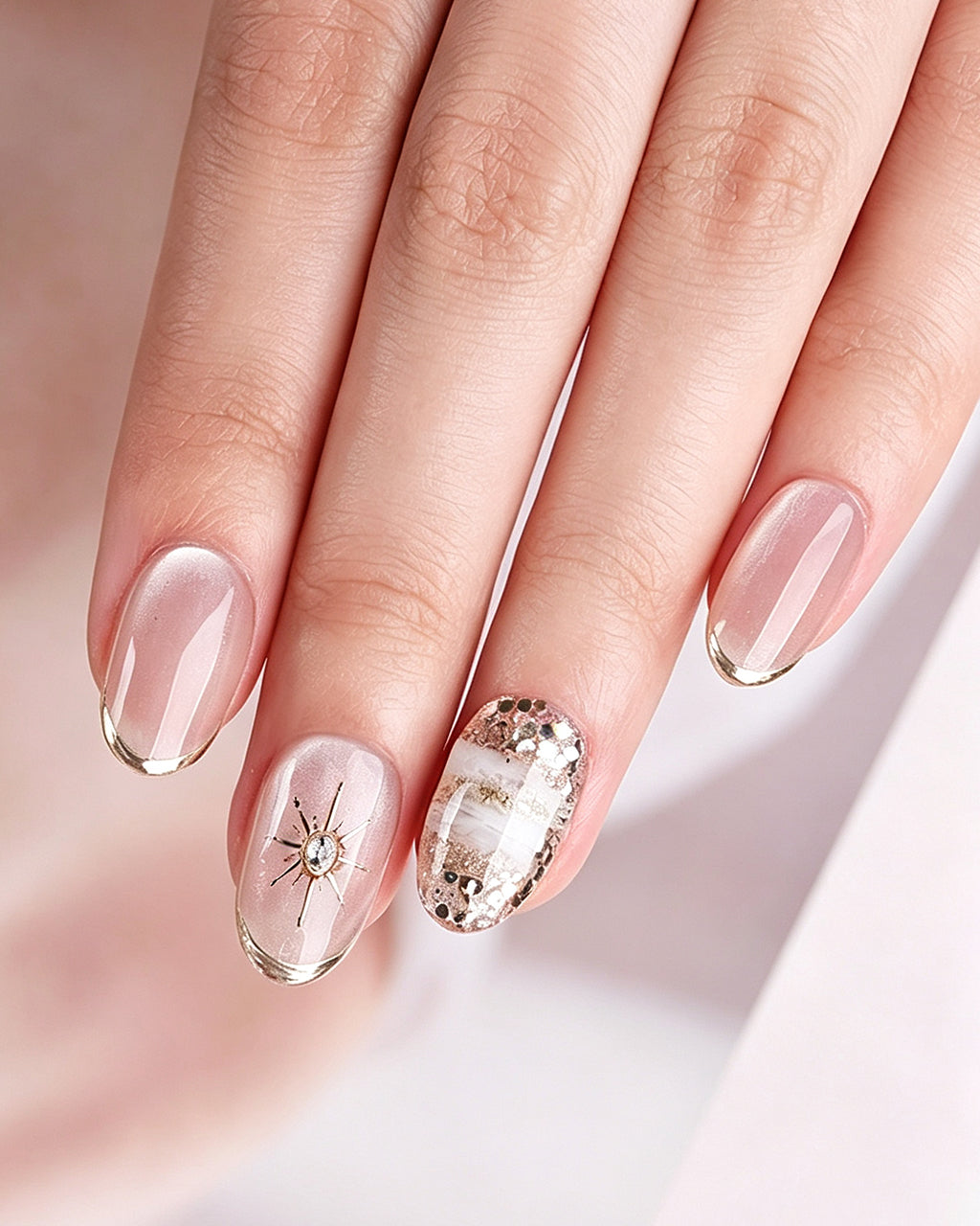 Star Trail — press-on nails worn on hand, close view