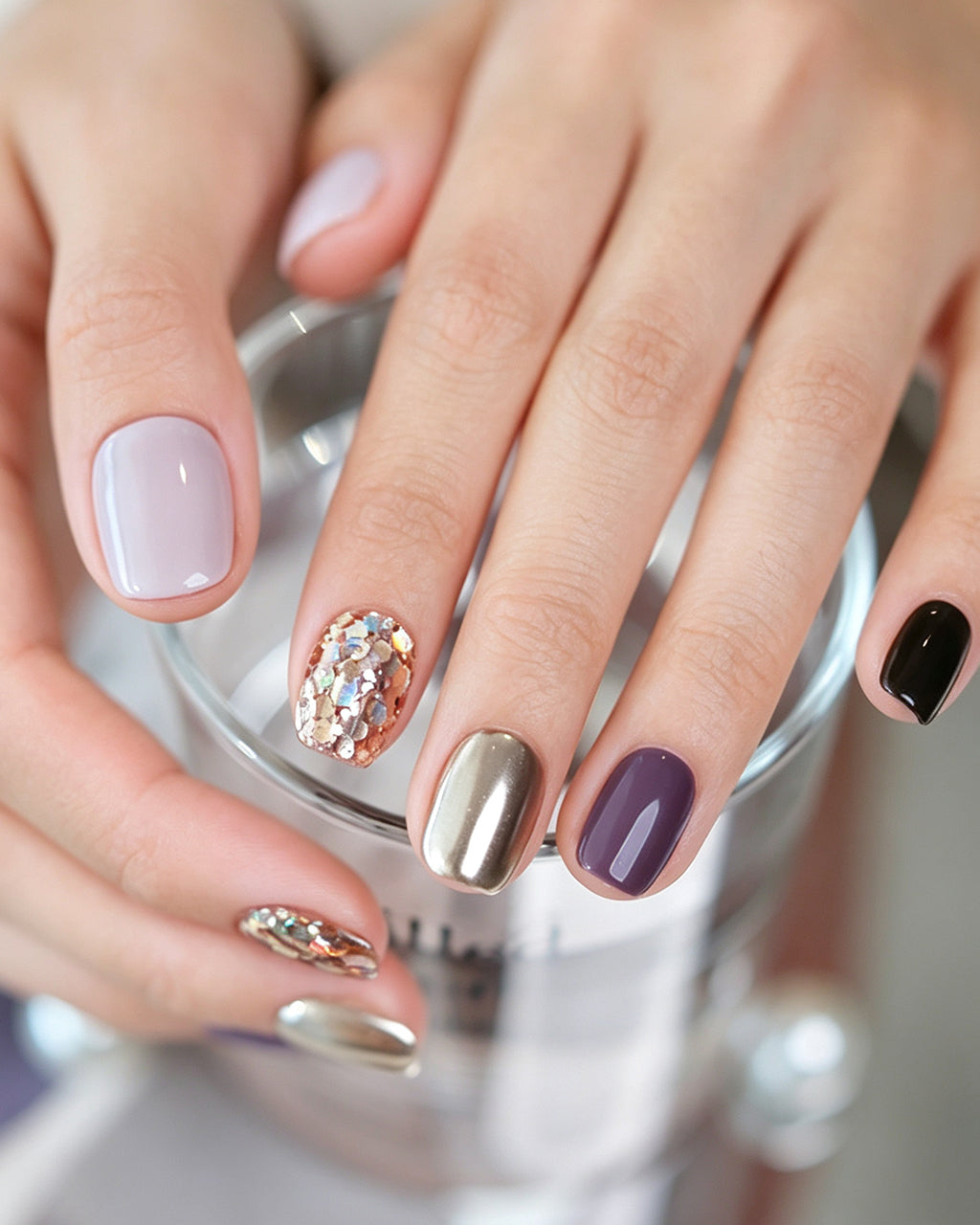 Gilded Warm Brown & Mirror Gold Handmade — press-on nails worn on hand, close view