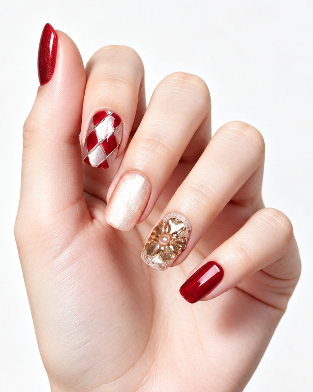 Moonlit Rose — press-on nails worn on hand, close view