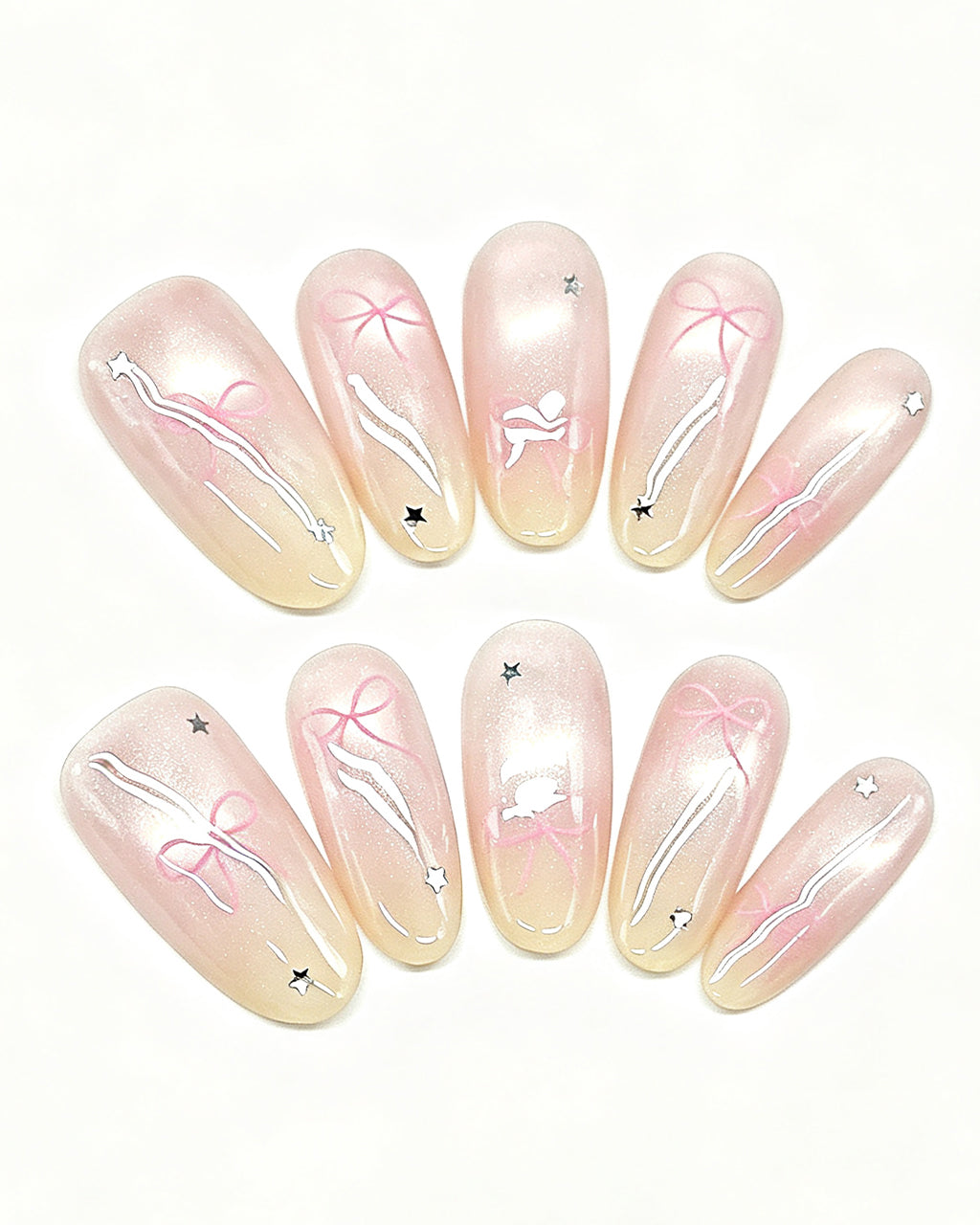 Soft Peach Blush Crystal — press-on nail set, full set view