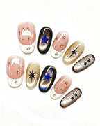 Golden Cat-Eye Star French Nails — gold press-on nail set, full set view