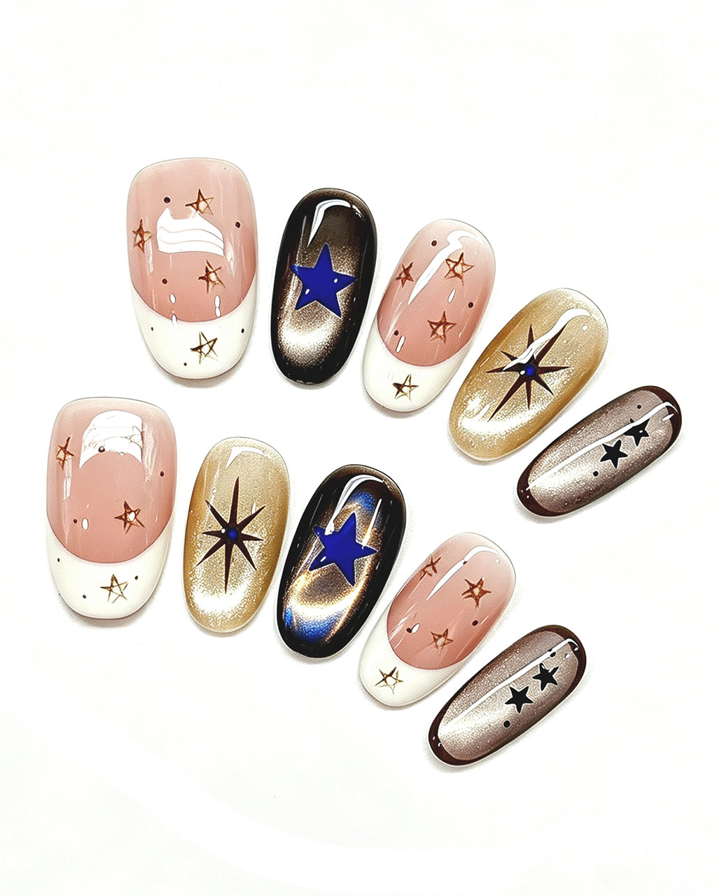 Golden Cat-Eye Star French Nails — gold press-on nail set, full set view