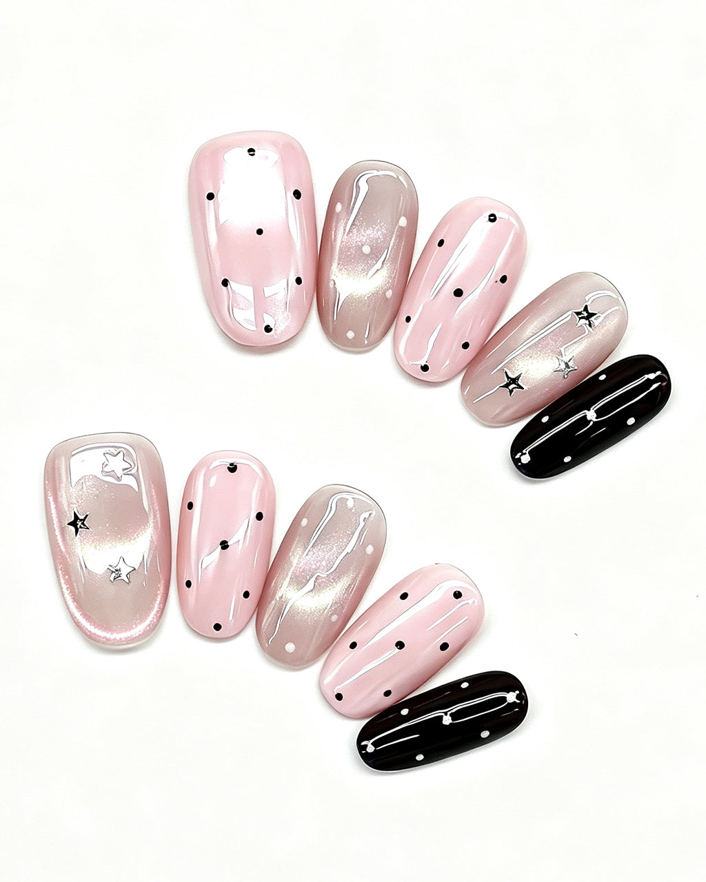 Parisian Girl | Pink & Black Polka Dot Handmade — press-on nail set, full set, styled arrangement