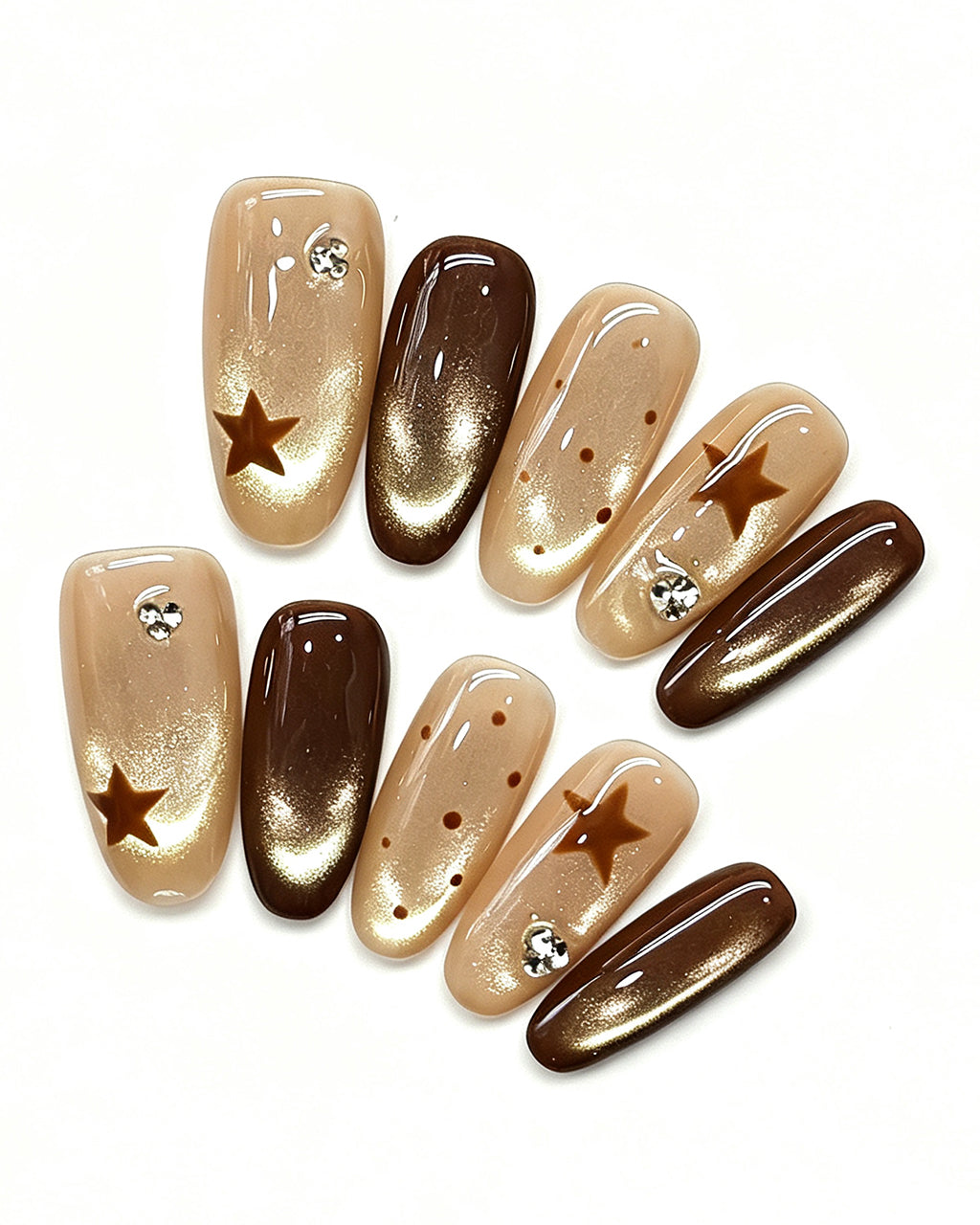 Mocha Starlet — gold press-on nail set, full set, styled arrangement