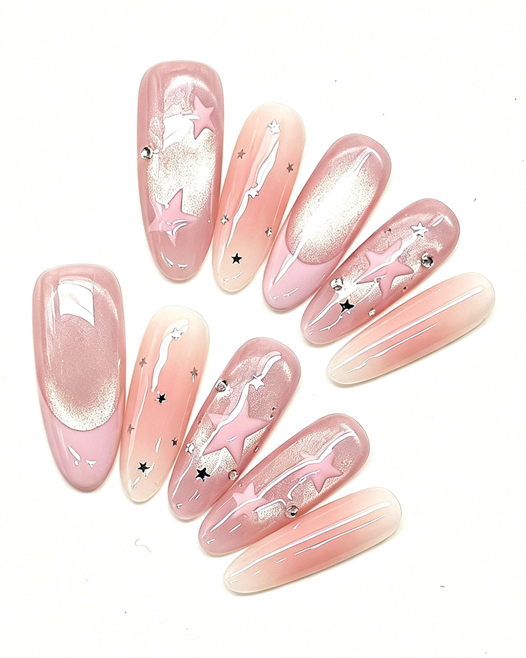 Pink Nebula — pink press-on nail set, full set, styled arrangement