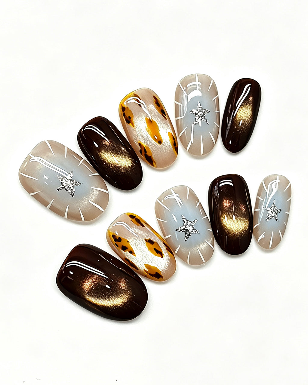 Mocha Starlight — gold press-on nail set, full set, styled arrangement