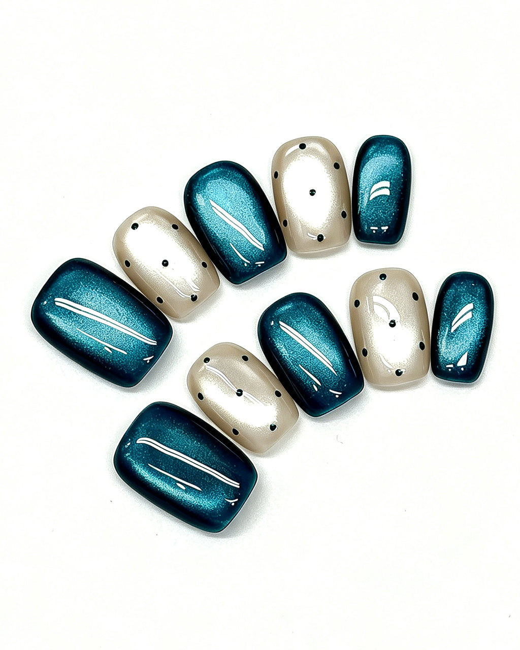 Oceanic Muse | Oceanic Muse | Teal Cat-Eye Polka Dot Nails — teal press-on nail set, full set, styled arrangement