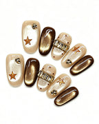 Mocha Cat-Eye Crystal Band — gold press-on nail set, full set, styled arrangement
