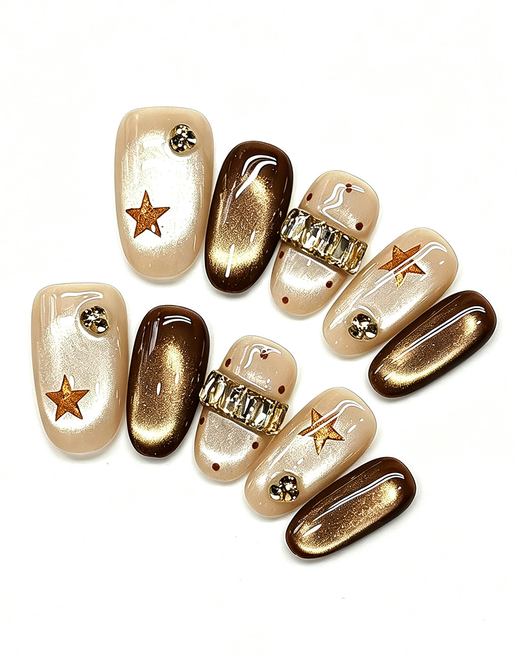 Mocha Cat-Eye Crystal Band — gold press-on nail set, full set, styled arrangement