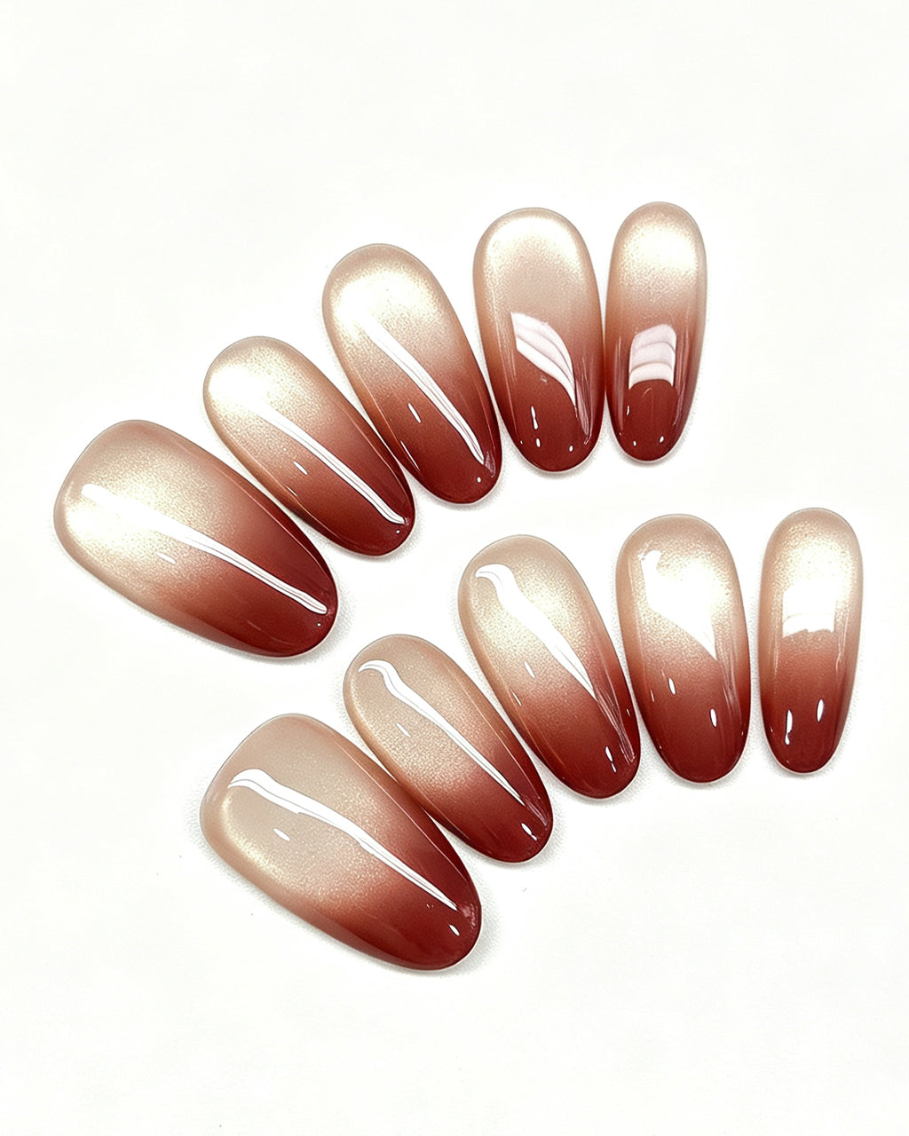 Wine Red Gradient Cat-Eye Nails — red press-on nail set, full set, styled arrangement