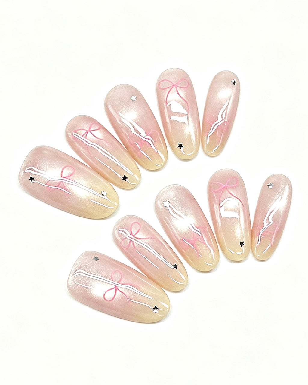 Soft Peach Blush Crystal — press-on nail set, full set, styled arrangement