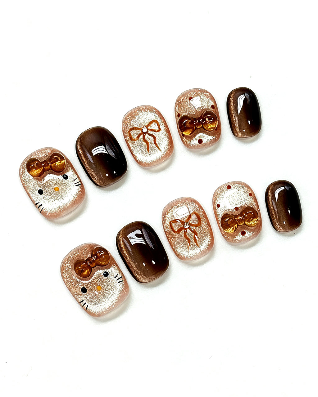 Caramel Brown Cat Eye — gold press-on nail set, full set view