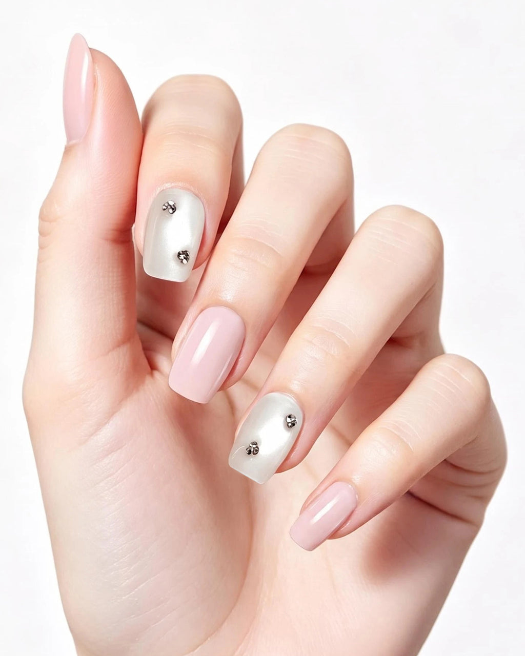 Soft & Versatile — press-on nails worn on hand, close view