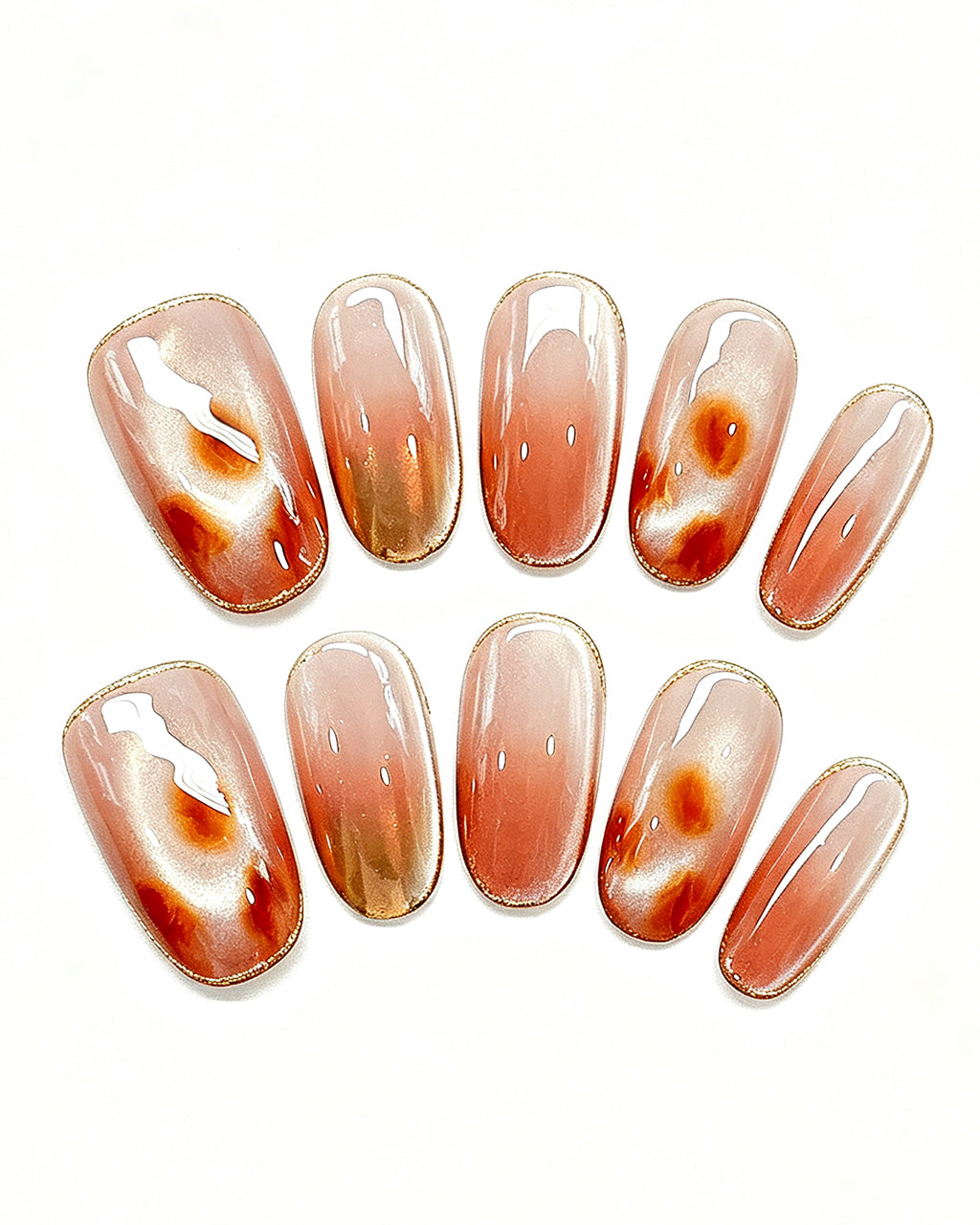 Honey Glow Amber Gem Jelly Nails — gold press-on nail set, full set, styled arrangement
