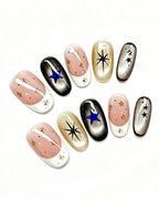 Golden Cat-Eye Star French Nails — gold press-on nail set, full set, styled arrangement
