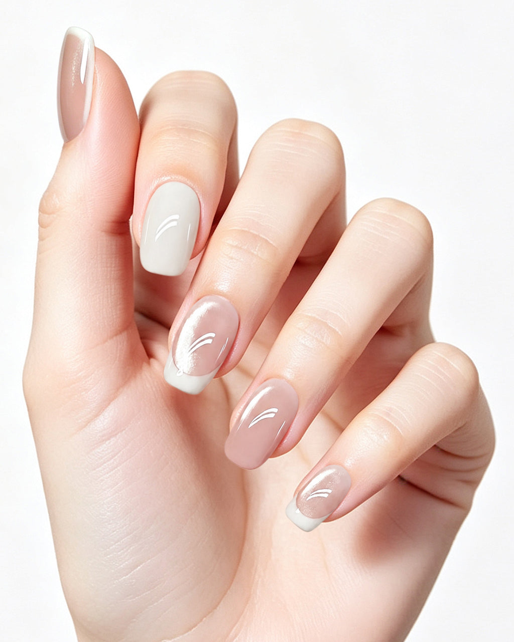 Cloud White — press-on nails worn on hand, close view