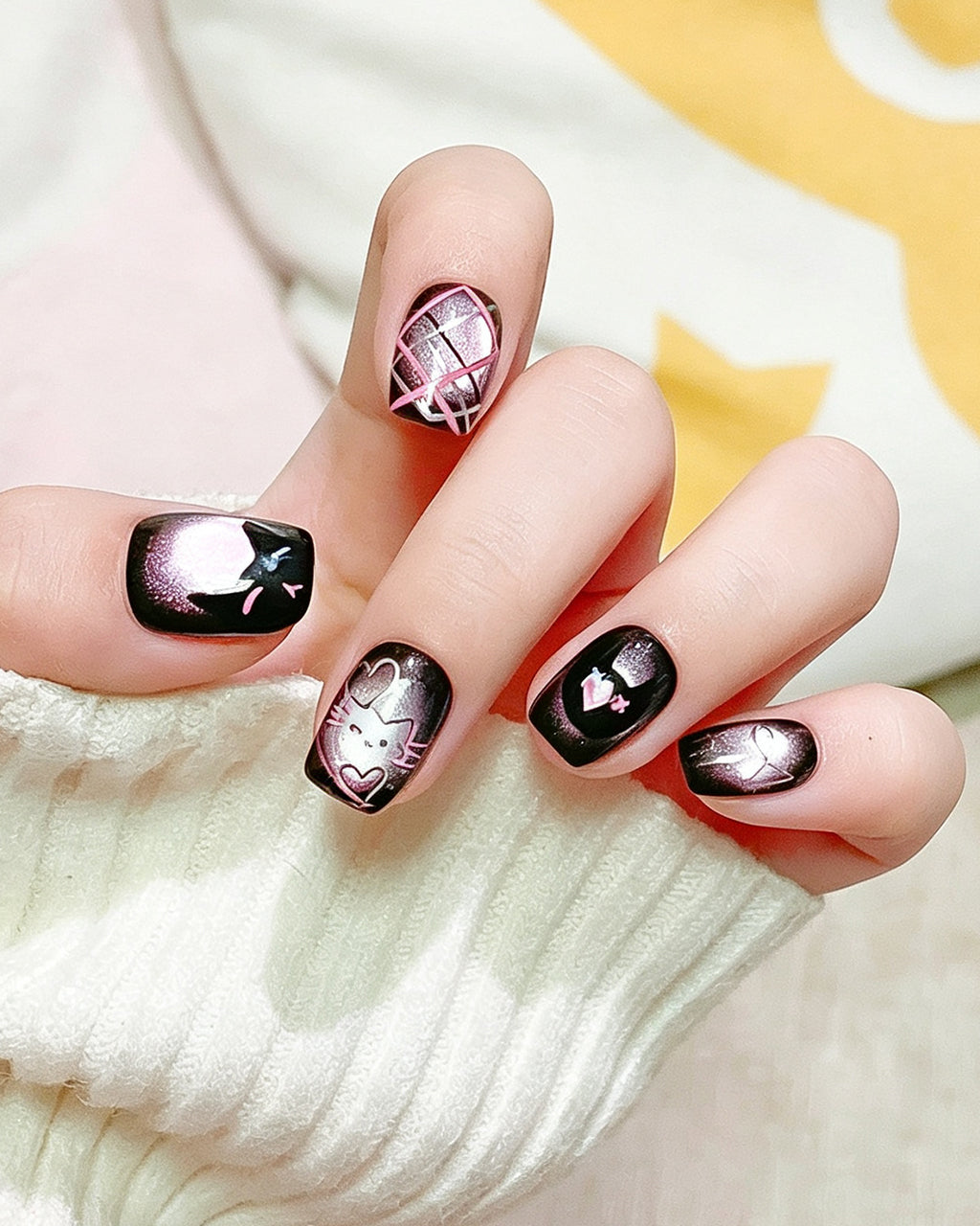 Black Framed Purple Cat-Eye Nails — press-on nails worn on hand, alternate angle