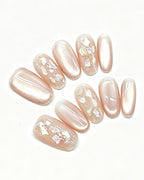 Ethereal Pearl | Iridescent Acetate Shell & Liquid Metal — press-on nail set, full set, styled arrangement