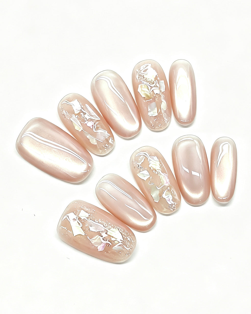 Ethereal Pearl | Iridescent Acetate Shell & Liquid Metal — press-on nail set, full set, styled arrangement
