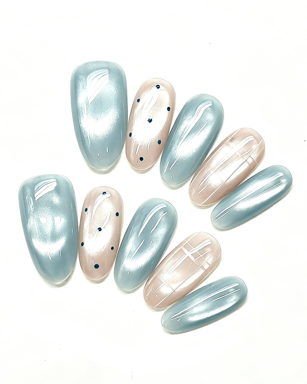 Seafoam Mint Cat-Eye — press-on nail set, full set, styled arrangement