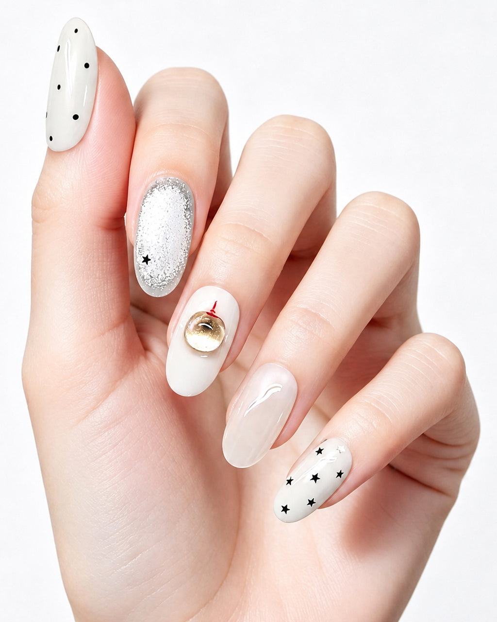 Peachy Diary — press-on nails worn on hand, close view