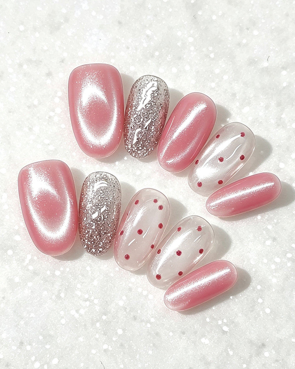 Cherry Pink Jelly — pink press-on nail set, full set, styled arrangement