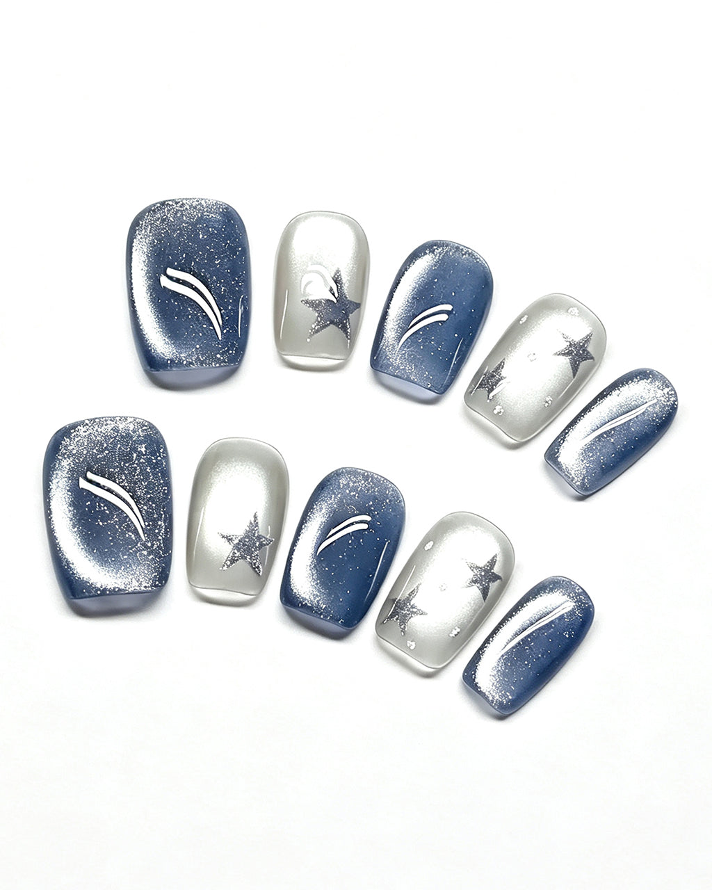 Star Flecks — blue press-on nail set, full set, styled arrangement