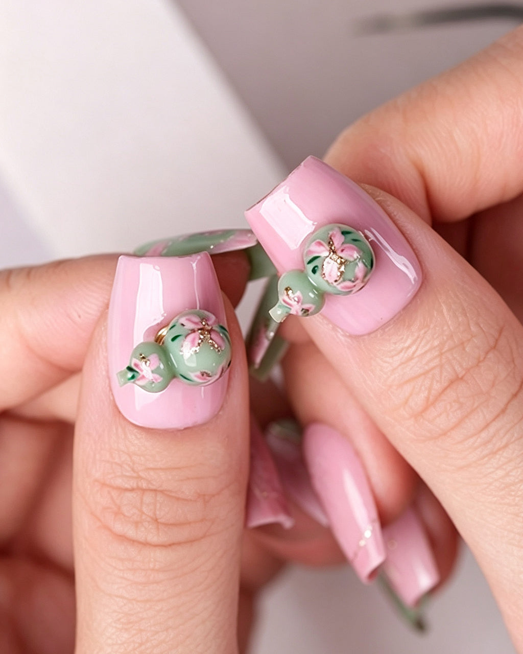 Blessing & Prosperity — press-on nails worn on hand, alternate angle