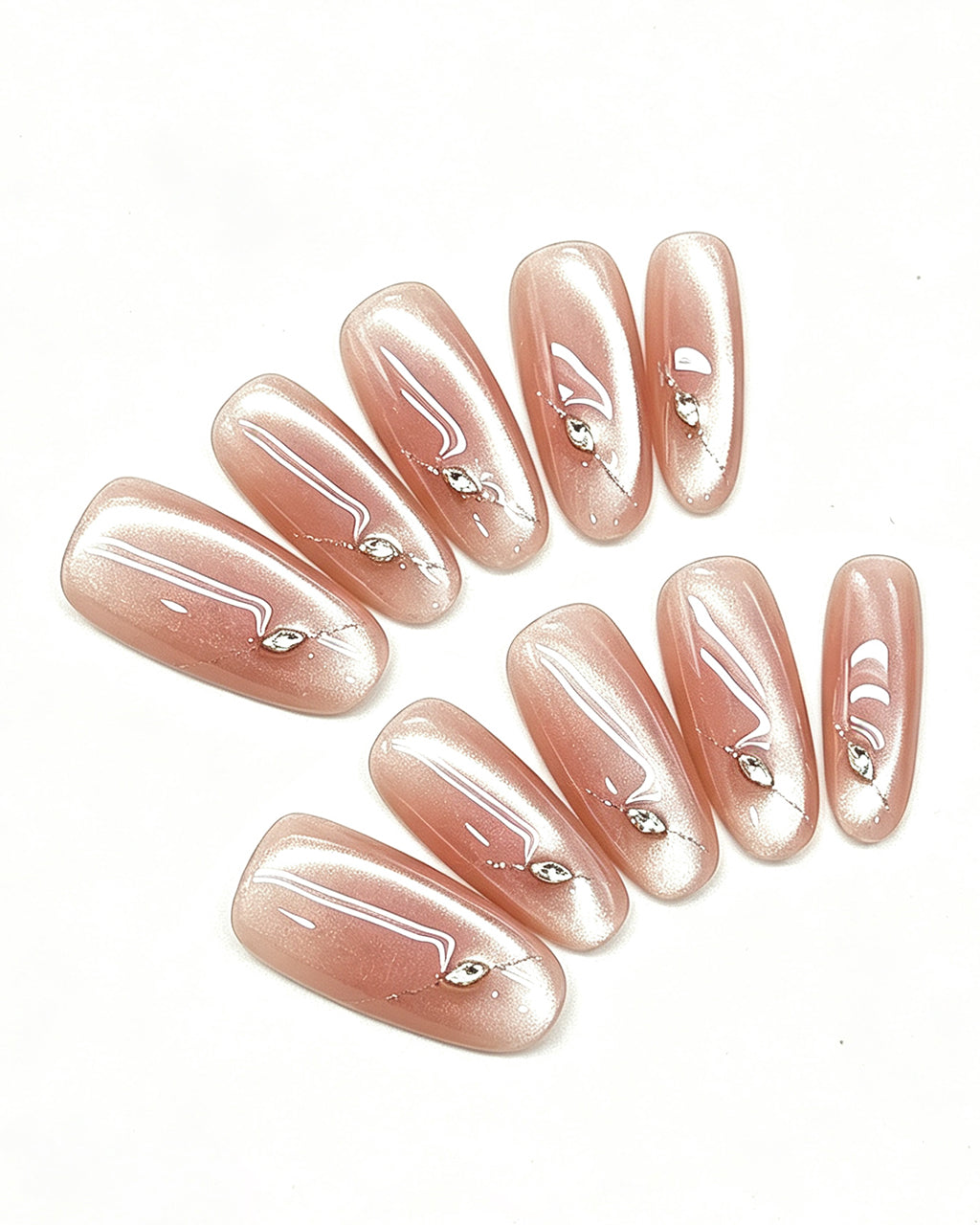 Nude Pink Shimmer Crystal Nails — gold press-on nail set, full set, styled arrangement