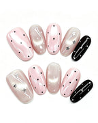 Parisian Girl | Pink & Black Polka Dot Handmade — press-on nail set, product detail view