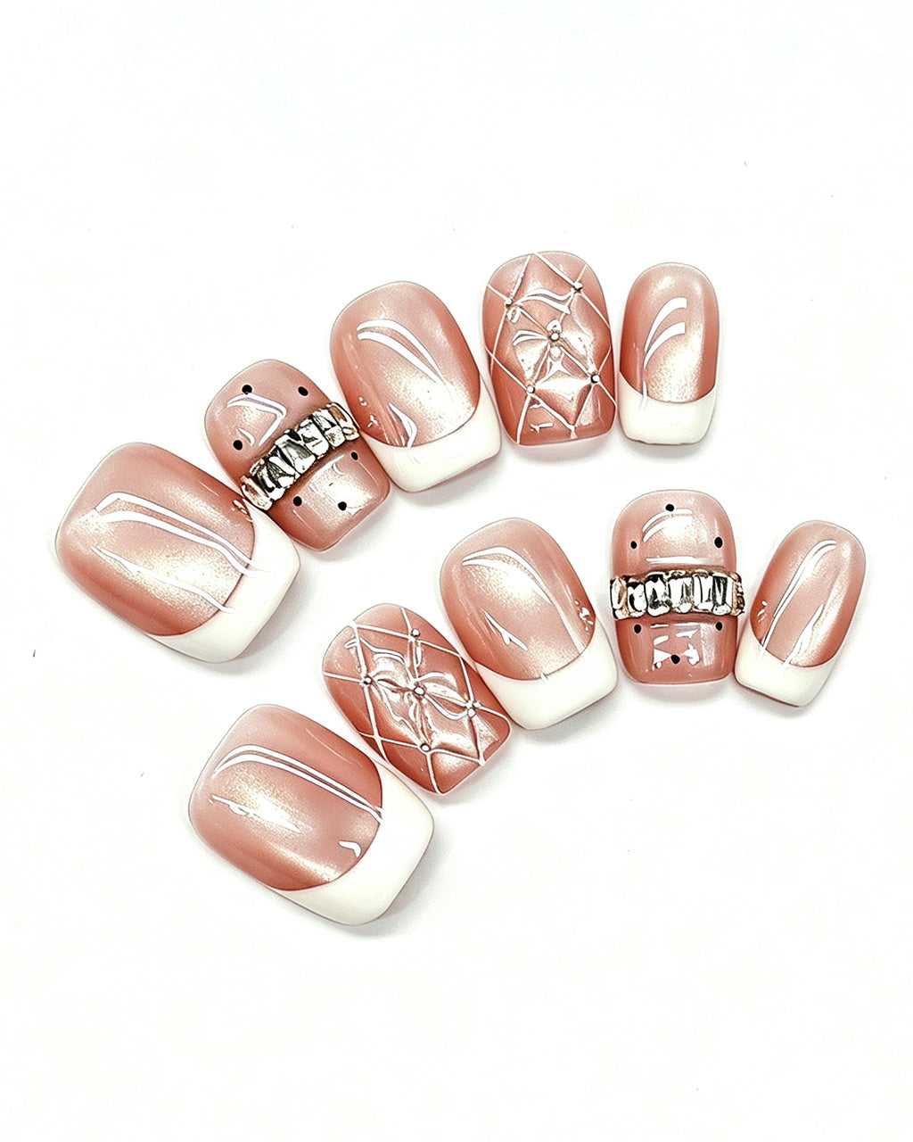 Coquette Glamour | Rose Nude Cat-Eye with 3D Ribbon & Quilte — pink press-on nail set, full set, styled arrangement