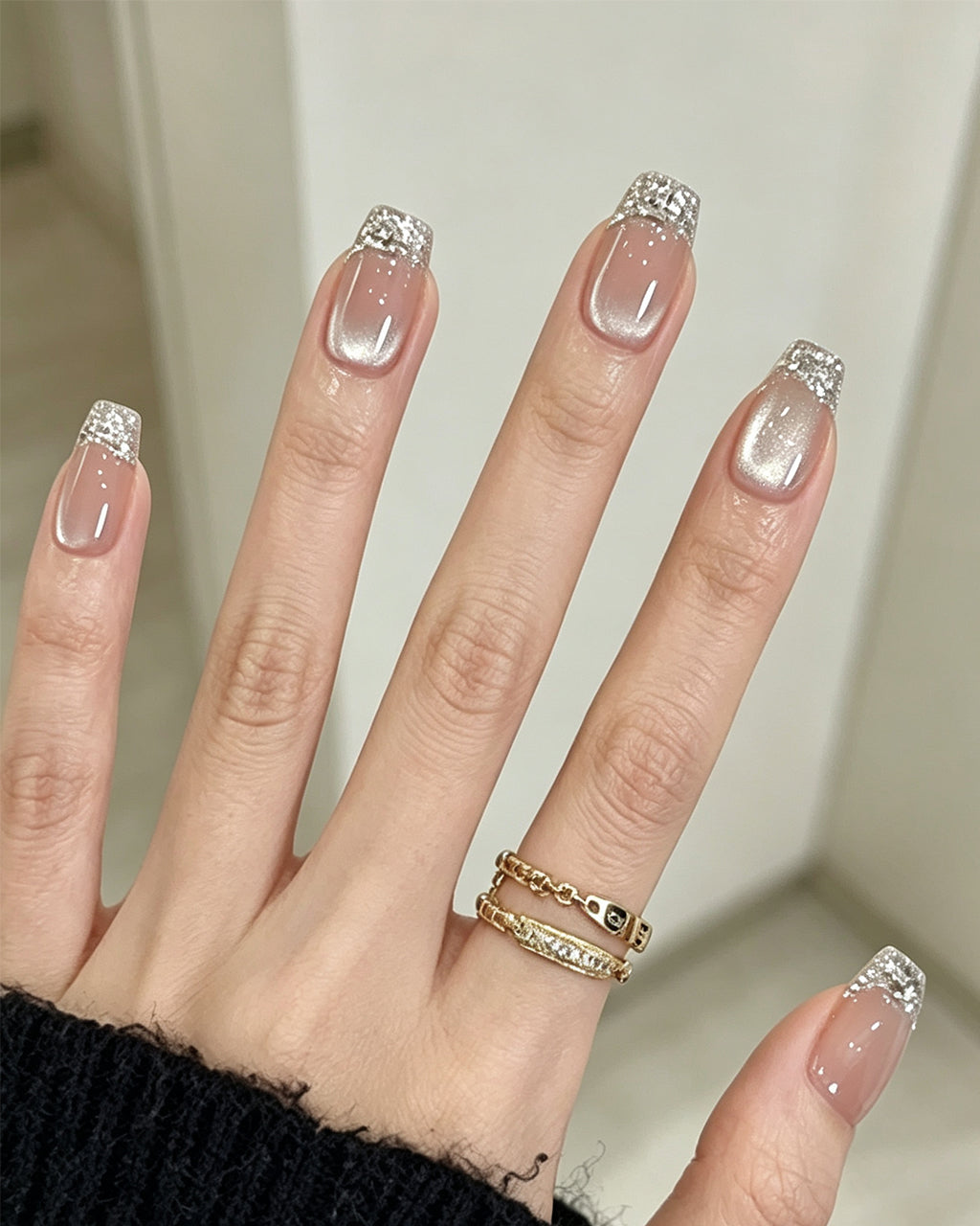 Bling Crushed Diamond — press-on nails worn on hand, close view
