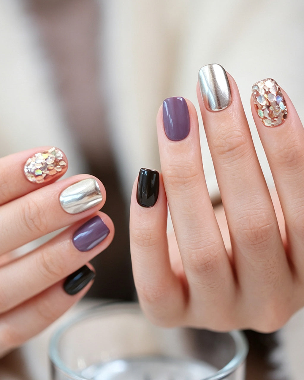 Gilded Warm Brown & Mirror Gold Handmade — press-on nails worn on hand, alternate angle